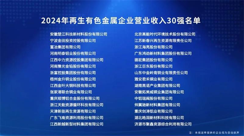 大发国际铝业荣登“2024年再生有色金属企业营业收入30强”榜单