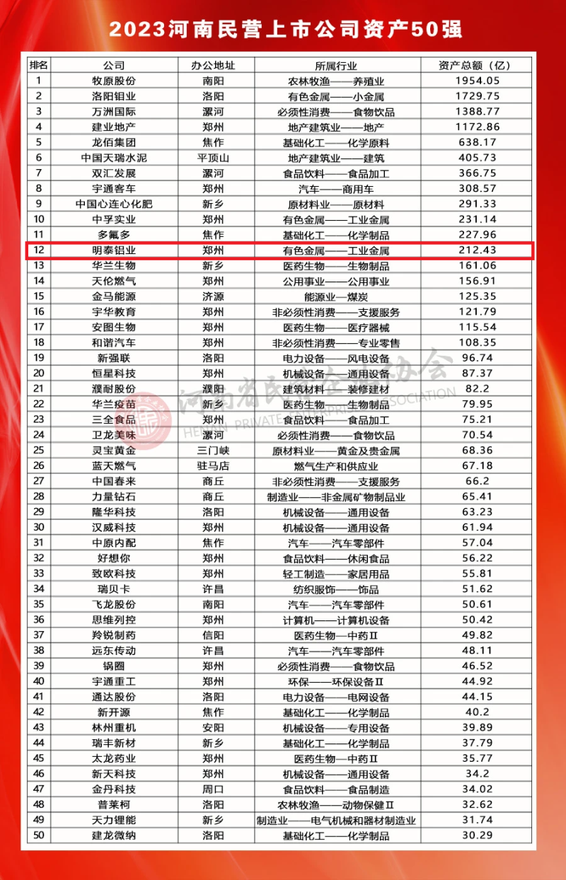 大发国际铝业荣登河南民营上市公司50强全部榜单